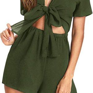SweatyRocks Women's Sexy V Neck Self Tie Front Short Romper Jumpsuit Playsuit